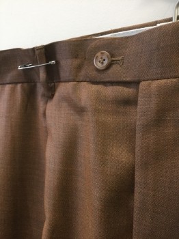 VITALI, Brown, Viscose, Polyester, Solid, Sharkskin Weave, Single Pleated, Button Tab Waist, Zip Fly, 4 Pockets, Straight Leg, 90's/00's