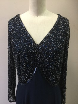 Womens, Evening Gown, JKARA, Navy Blue, Silver, Polyester, Beaded, 6, 3/4 Sleeves, V-neck, Beaded and Sequin Top, Georgette Skirt, Pullover,