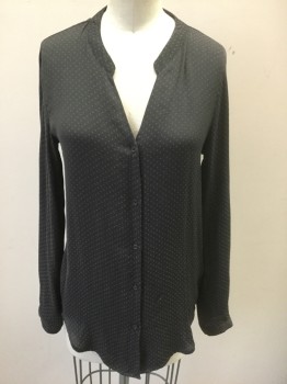 H&M, Faded Black, Polyester, Dots, Self Square Dots Pattern, Long Sleeve Button Front, Band Collar/V Neck