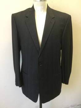 JHANE BARNES, Charcoal Gray, Black, Brown, Wool, Stripes - Vertical , Herringbone, Thin Charcoal/Black/Brown Vertical Stripes with Herringbone Texture, Single Breasted, Notched Lapel, 2 Buttons,  3 Pockets, Solid Brown Lining