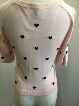 H&M DIVIDED, Baby Pink, Black, Cotton, Solid, Novelty Pattern, Ballet Neck, Short Sleeves, Black Heart Print W/beads