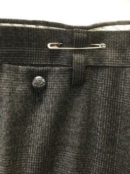 BANANA REPUBLIC, Dk Gray, Charcoal Gray, Wool, Glen Plaid, Flat Front, Zip Fly, 5 Pockets Including 1 Watch Pocket with Embossed Button Closure, Slim Straight Leg, Adjustable Tabs at Side Waist