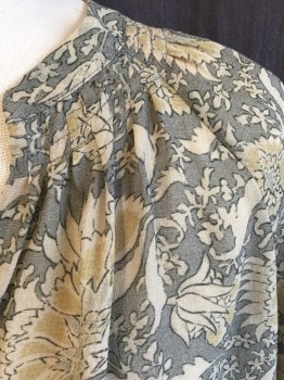 VINCE, Olive Green, Beige, Amber Yellow, Sea Foam Green, Black, Silk, Floral, Sheer, V-neck with Smocking Along  Mandarin/Nehru Collar and  Long Sleeves Cuffs