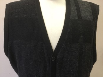 Mens, Sweater Vest, CALVIN KLEIN, Charcoal Gray, Black, Wool, Novelty Pattern, XL, Cardigan, V-neck, Block/ Stripe Pattern, Solid Back