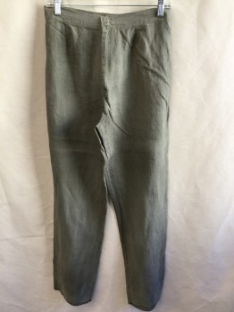 Womens, Casual Pants, FOX 49, Olive Green, Linen, Solid, M, 1.25 Waist Band Front & Elastic Back, Flat Front, Zip Front,
