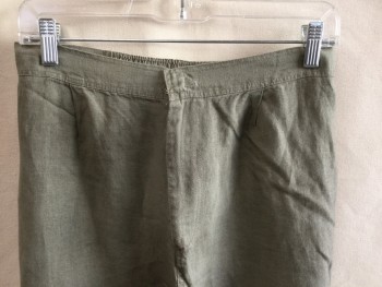 Womens, Casual Pants, FOX 49, Olive Green, Linen, Solid, M, 1.25 Waist Band Front & Elastic Back, Flat Front, Zip Front,
