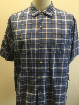 TOMMY BAHAMA, Blue, Black, Lt Pink, White, Silk, Polyester, Plaid, Short Sleeves, Button Front, Collar Attached, 2 Pockets,