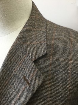 MARZOTTO, Brown, Black, Rust Orange, Wool, 2 Color Weave, Stripes - Pin, Brown with Black Woven/Micro Stripe, Faint Rust Double Pinstripes, Single Breasted, Notched Lapel, 3 Buttons, 3 Pockets, Solid Brown Lining