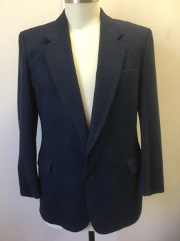 Mens, Sportcoat/Blazer, AQUASCATUM, Navy Blue, Blue, Wool, Dots, Grid , 44L, Dark Navy with Blue Square Dots/Grid Pattern, Single Breasted, Notched Lapel, 2 Buttons, 3 Pockets, Solid Navy Lining, 1990's