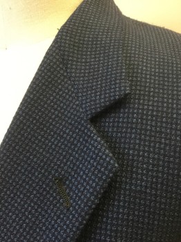 AQUASCATUM, Navy Blue, Blue, Wool, Dots, Grid , Dark Navy with Blue Square Dots/Grid Pattern, Single Breasted, Notched Lapel, 2 Buttons, 3 Pockets, Solid Navy Lining, 1990's