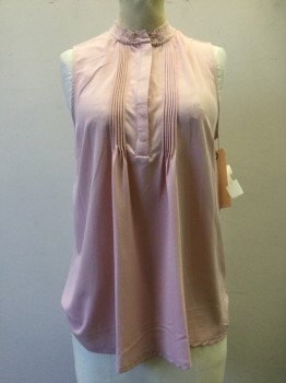 A NEW DAY, Rose Pink, Synthetic, Spandex, Solid, Rose, Accordion Pleated Detail, Henley Top, Sleeveless, Lace Trim