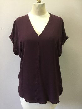 Womens, Top, PLEIONE, Aubergine Purple, Polyester, Rayon, Solid, S, Woven Front, Knit Back, V-neck, Cap Cuffed S/S,
