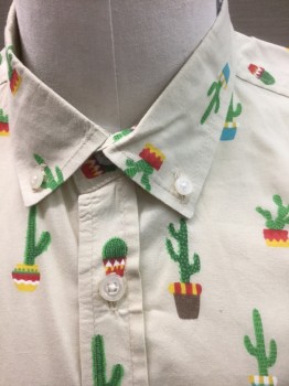 ARTISTRY IN MOTION, Beige, Multi-color, Cotton, Novelty Pattern, Beige with Multicolor Cacti Novelty Pattern, Short Sleeves, Button Front, Button Down Collar, 1 Patch Pocket
