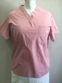 N/L, Rose Pink, Cotton, V-neck, Pocket, Short Sleeve, 1 Patch Pocket