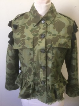 Womens, Casual Jacket, N/L, Olive Green, Brown, Black, Multi-color, Cotton, Camouflage, Abstract , M, Shades of Olive/Brown/Green Camo Pattern, 5 Button Front, Collar Attached, Ruffled Peplum Waist, Black Fringe Tassle Trim at Arm Holes, Intricate Colorful Floral/Patterned Appliqué Across Entire Back, with Black and Olive Tassles and Pom Poms