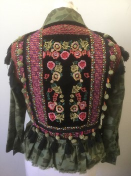 Womens, Casual Jacket, N/L, Olive Green, Brown, Black, Multi-color, Cotton, Camouflage, Abstract , M, Shades of Olive/Brown/Green Camo Pattern, 5 Button Front, Collar Attached, Ruffled Peplum Waist, Black Fringe Tassle Trim at Arm Holes, Intricate Colorful Floral/Patterned Appliqué Across Entire Back, with Black and Olive Tassles and Pom Poms