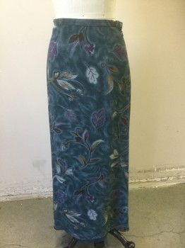 AKA EDDIE BAUER, Dk Blue, Slate Blue, Lavender Purple, Beige, Rayon, Floral, Chiffon Over Opaque Underlayer, Ankle Length, 3/4" Wide Self Waistband, Invisible Zipper at Side