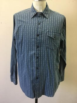 POLO RALPH LAUREN, Denim Blue, White, Cotton, Stripes - Vertical , Blue with White Novelty Vertical Stripe, Button Front, Collar Attached, Long Sleeves, 1 Flap Pocket