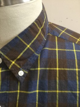 J.CREW, Navy Blue, Brown, Yellow, Cotton, Plaid-  Windowpane, Long Sleeve Button Front, Collar Attached, Button Down Collar, 1 Patch Pocket