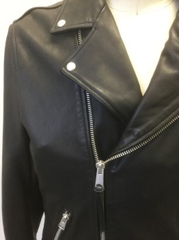 Mens, Leather Jacket, ALL SAINTS, Black, Leather, Solid, L, Moto Jacket, Zip Front, Silver Zippers, 2 Zip Pockets & 1 Flap Pocket with Silver Snap Closure, Notched Collar with 1 Silver Stud on Each Point, Epaulettes at Shoulders