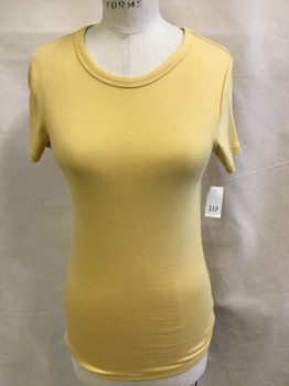 GAP, Yellow, Cotton, Modal, Solid, Mute Yellow, Crew Neck, Short Sleeves,