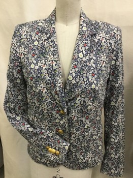 Womens, Blazer, LIBERTY -- J. CREW, Navy Blue, Off White, Red, Pink, Lime Green, Cotton, Floral, 2, Navy with Off White/red/pink/lime/yellow Tiny Floral Print with Navy Lining, Notched Lapel, Single Breasted, 2 Gold Button Front, Long Sleeves,