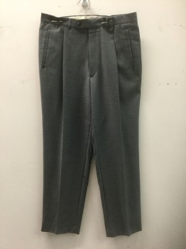 JACK VICTOR, Gray, Wool, Solid, Single Pleated, Button Tab Waist, Zip Fly, 4 Pockets, Straight Leg