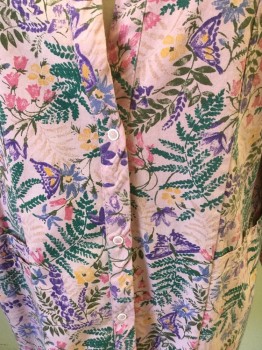 Womens, Scrub Jacket Women, LANDAU, Pink, Green, Purple, Yellow, Blue, Poly/Cotton, Floral, M, Floral on Light Pink Background, Low Cut Snap Front, Long Sleeves, White Ribbed Knit Cuff, 2 Patch Pockets, Smocked Elastic Back Waist