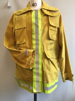 Mens, Fire Turnout Coat, TRANSCON, Mustard Yellow, Silver, Yellow, Nomex, Solid, M, Aged/Distressed, Vecro Close, 4 Cargo Pocket,  Adjustable Velcro Cuffs, Neon Yellow and Reflective Silver Trims. "Metro Fire Department" Stencilled In Black Center Back, Multiples
