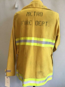 Mens, Fire Turnout Coat, TRANSCON, Mustard Yellow, Silver, Yellow, Nomex, Solid, M, Aged/Distressed, Vecro Close, 4 Cargo Pocket,  Adjustable Velcro Cuffs, Neon Yellow and Reflective Silver Trims. "Metro Fire Department" Stencilled In Black Center Back, Multiples