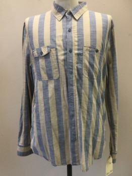 PENNY STOCK, Beige, Navy Blue, Cotton, Heathered, Stripes - Vertical , Button Front, Collar Attached, Long Sleeves, 2 Pockets,
