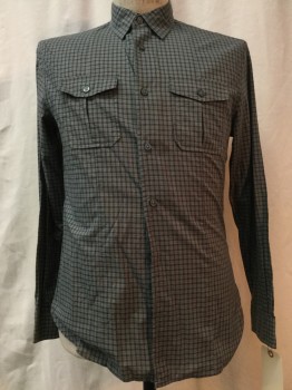 JOHN VARVATOS, Black, Gray, Lt Gray, Cotton, Plaid, Button Front, Collar Attached, Long Sleeves, 2 Pockets,