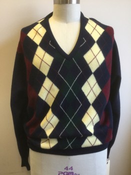 Mens, Pullover Sweater, BROOKS BROTHERS, Navy Blue, Cream, Red Burgundy, Dk Green, Wool, Argyle, 48, Long Sleeves, V-neck,
