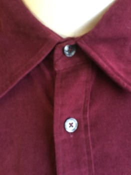 CLUB MONACO, Maroon Red, Cotton, Solid, Corduroy, Collar Attached, Button Front, 2 Pockets with Button, Long Sleeves,