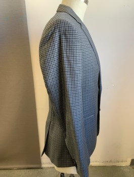 HUGO BOSS, Lt Gray, Black, Wool, Viscose, Check , Single Breasted, Notched Lapel, 2 Buttons, 3 Pockets, 2 Vents