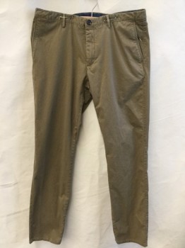 Mens, Casual Pants, MASSIMO DUTTI, Khaki Brown, Brown, Forest Green, Cotton, Elastane, Novelty Pattern, 34/32, Waistband with Belt Hoops, Flat Front, Zip Front, 4 Pockets