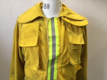Mens, Fire Turnout Coat, TRANSCON MFG, Yellow, Nomex, Solid, S, Long Sleeves, Velcro Closure, 4 Pockets, 3m Segmented Trim, Aged, "Los Angeles City Fire Department"