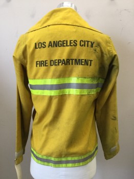 Mens, Fire Turnout Coat, TRANSCON MFG, Yellow, Nomex, Solid, S, Long Sleeves, Velcro Closure, 4 Pockets, 3m Segmented Trim, Aged, "Los Angeles City Fire Department"