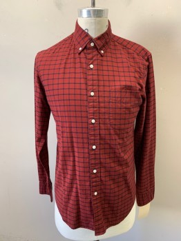 JCREW, Red Burgundy, Black, Cotton, Plaid-  Windowpane, Long Sleeves, Button Front, Button Down Collar Attached, 1 Pocket,