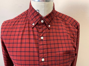 Mens, Casual Shirt, JCREW, Red Burgundy, Black, Cotton, Plaid-  Windowpane, S, Long Sleeves, Button Front, Button Down Collar Attached, 1 Pocket,