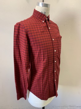 Mens, Casual Shirt, JCREW, Red Burgundy, Black, Cotton, Plaid-  Windowpane, S, Long Sleeves, Button Front, Button Down Collar Attached, 1 Pocket,
