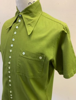 N/L, Avocado Green, Cotton, Solid, Short Sleeves, Button Front with Additional Decorative Buttons, Oversized Collar Attached, 1 Patch Pocket with 2 Decorative Buttons, 1970's