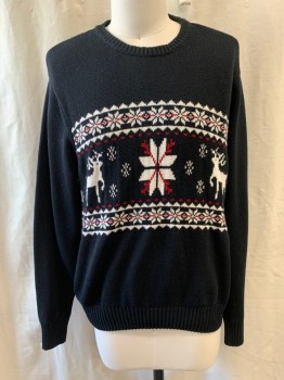 DOCKERS, Black, Red, White, Cotton, Animals, Christmas Sweater, Snowflake & Reindeer Print, Knit, Crew Neck, Pullover