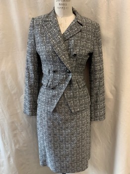 Womens, 1990s Vintage, Suit, Jacket, TAHARI ASL, Black, White, Polyester, Rayon, Tweed, B:36, Notched Lapel, Double Breasted, Button Front, 4 Black Buttons, 2 Faux Pockets, 1 Real Pocket