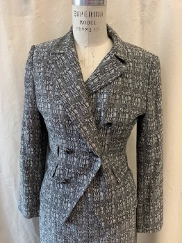 TAHARI ASL, Black, White, Polyester, Rayon, Tweed, Notched Lapel, Double Breasted, Button Front, 4 Black Buttons, 2 Faux Pockets, 1 Real Pocket