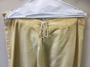 Mens, Historical Fiction Pants, N/L, Cream, Cotton, Solid, W:35, Military Uniform Breeches, Brushed Twill, Fall Front, Knee Length, Gold Buttons and Buckle at Leg Opening, Lacings/Ties at Center Back Waist, Dirty/Aged, Made To Order Reproduction Late 1700's Early 1800's