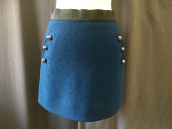Womens, Skirt, Mini, PHILLIP LIM, Teal Blue, Black, Silver, Wool, Solid, W26-8, 4, A-line, Heavy Crepe, Decorative 3 Point Pocket Flaps with Silver Button Detail, Back Zipper and Extra Large Hook & Eye Close, Wide Elastic Waistband, Double