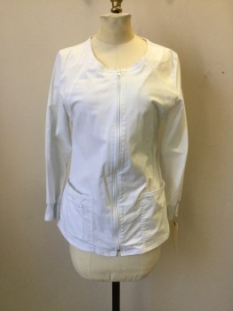Womens, Lab Coat Women, CHEROKEE, White, Poly/Cotton, Spandex, Solid, S, Zip Front, 2 Patch Pocket,  Round Neck,