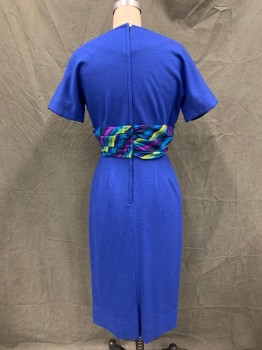 ENCHANTRESS, Blue, Teal Blue, Green, Magenta Purple, Navy Blue, Wool, Silk, Solid, Stripes, V-neck, Dolman Short Sleeves, Zip Back, Pleated Skirt, Hem Below Knee, Diagonal Multi Color Stripe Silk Pleated and Gathered Waistband, Pleated Upwards From Waistband, *Stain on Waistband*,