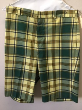 Mens, Shorts, LEVI'S, Dk Green, Navy Blue, Yellow, Lt Brown, Polyester, Plaid, 29, Flat Front, 4 Pockets,
